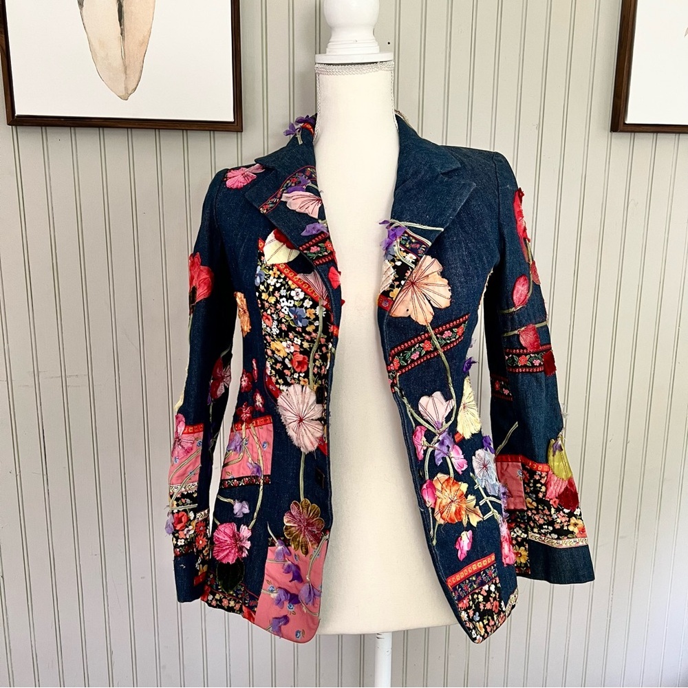 Vintage Above The Crowd Denim Floral Appliqué Patchwork Blazer Single Breasted
